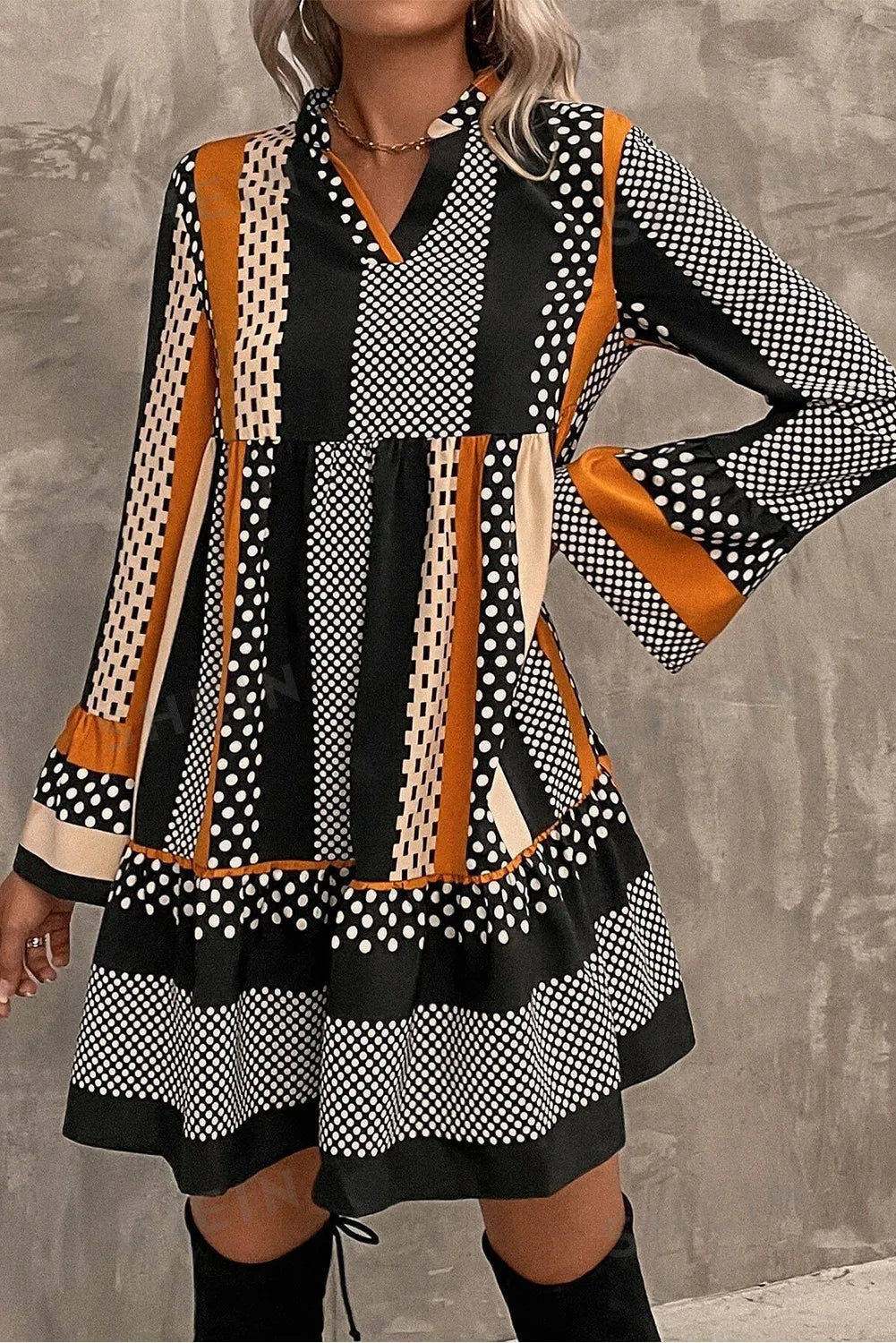 Printed Notched Long Sleeve Mini Dress  Trendsi Orange S 