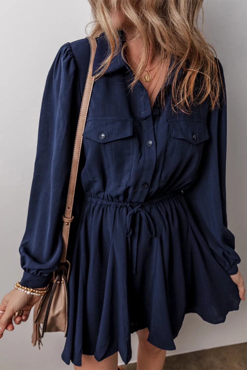 Drawstring Half Button Long Sleeve Dress Dress Trendsi   