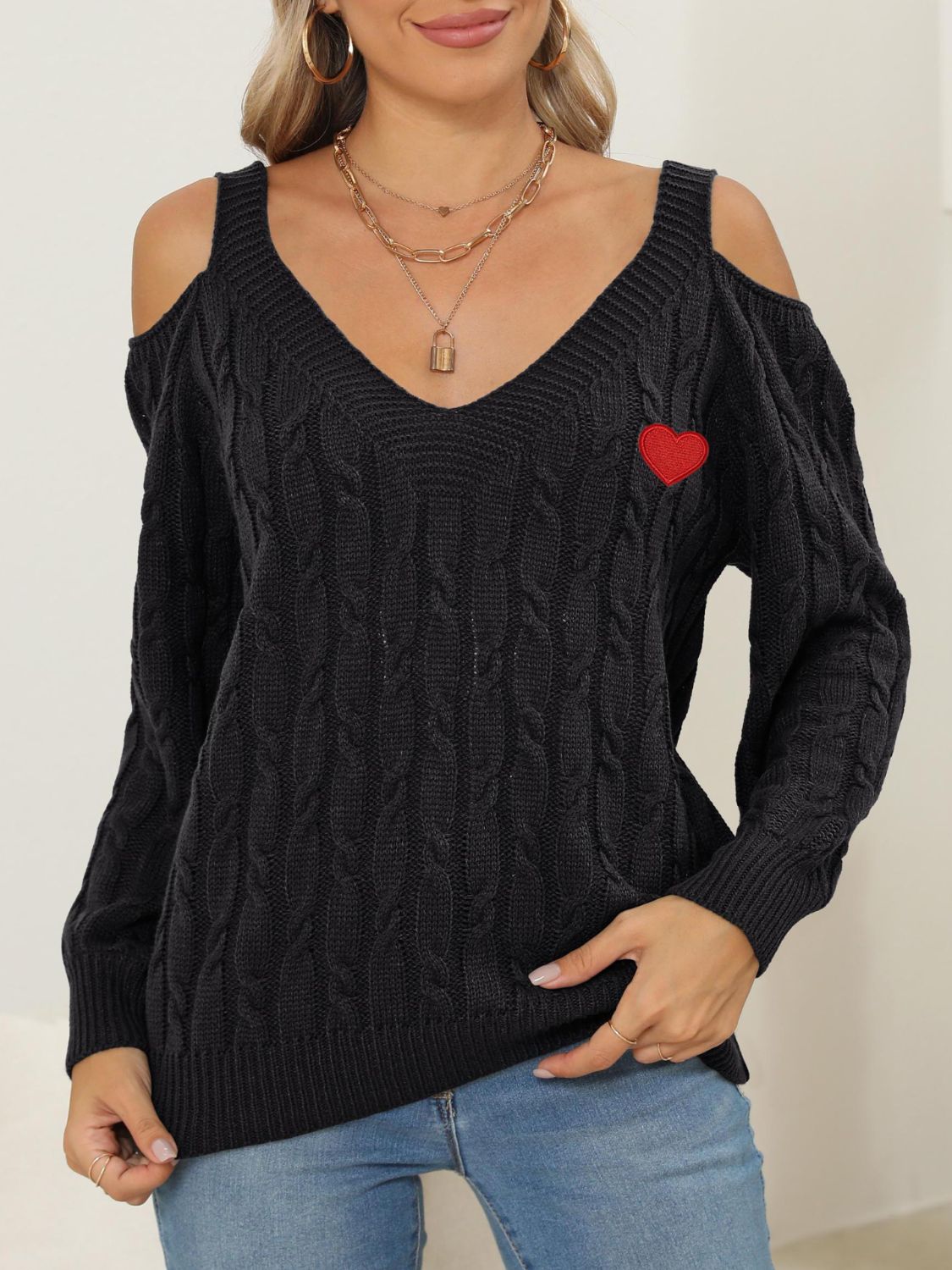 Cable-Knit Heart V-Neck Sweater  Trendsi Black S 