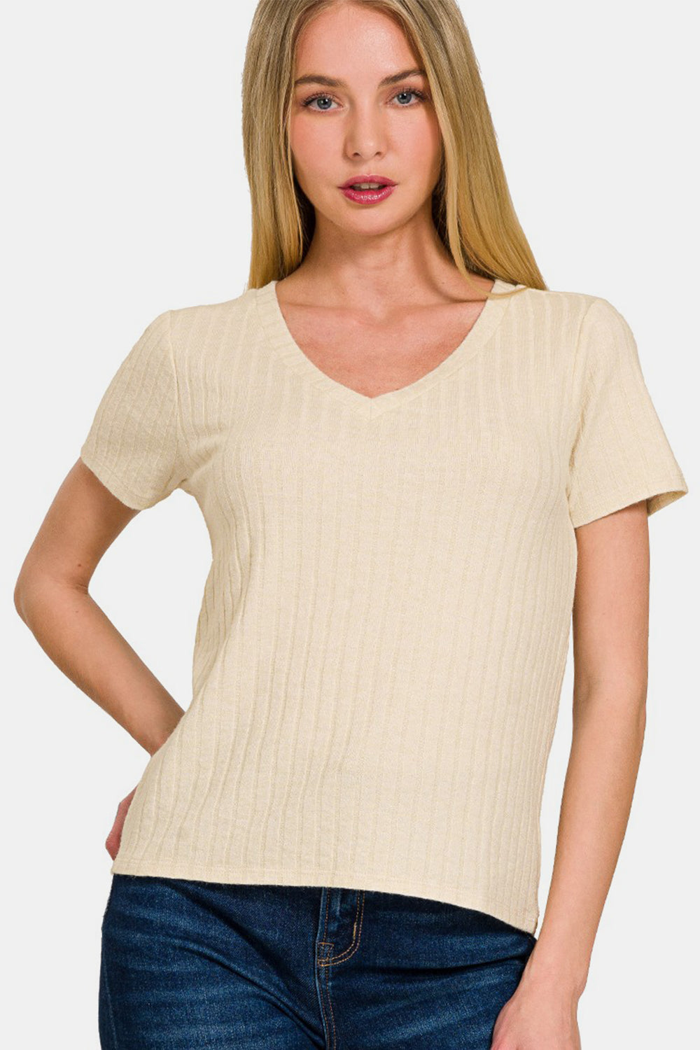 Zenana Ribbed Short Sleeve T-Shirt  Trendsi Sand Beige S 