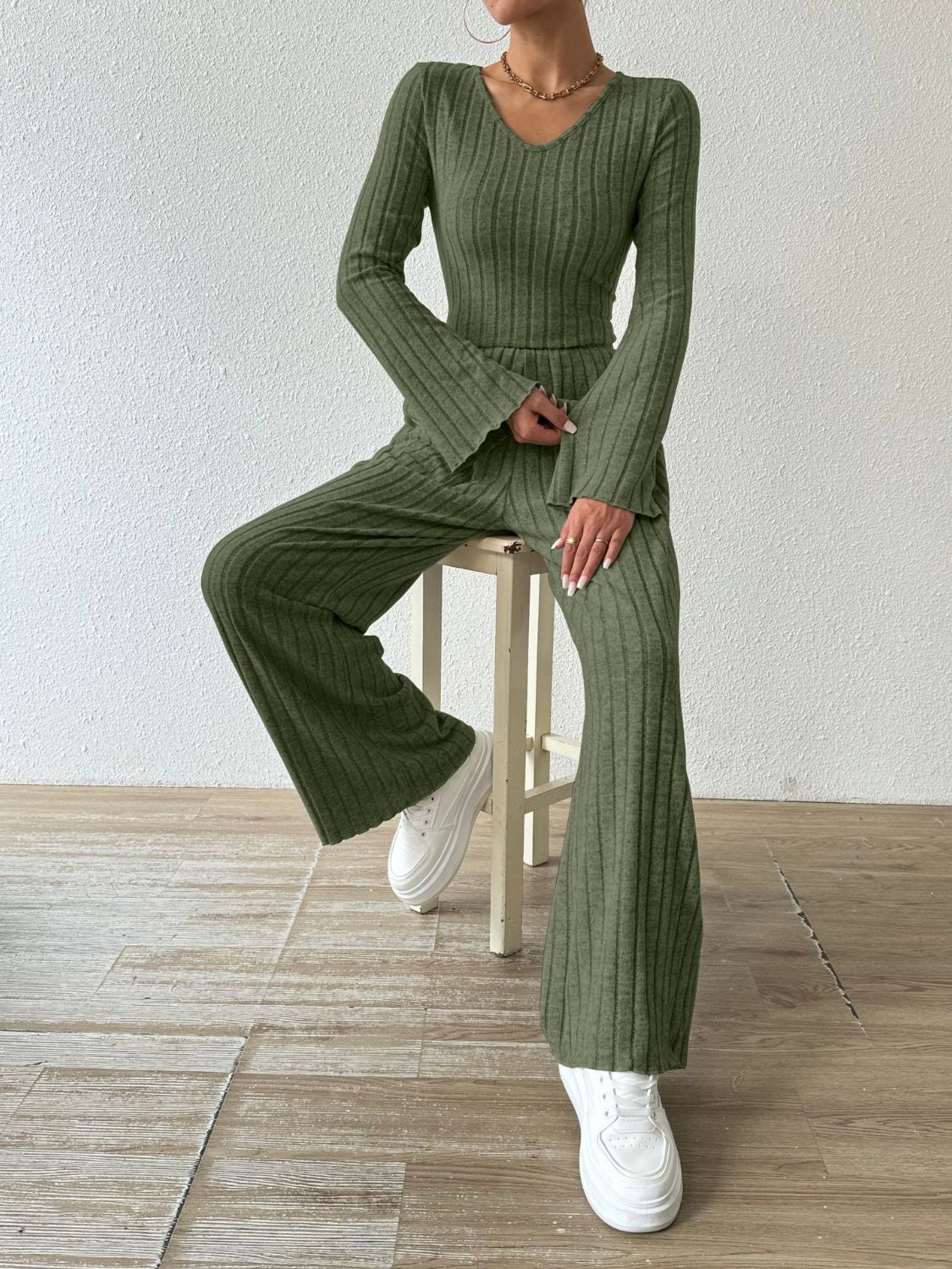 Ribbed V-Neck Long Sleeve Top and Pocketed Pants Set  Trendsi   