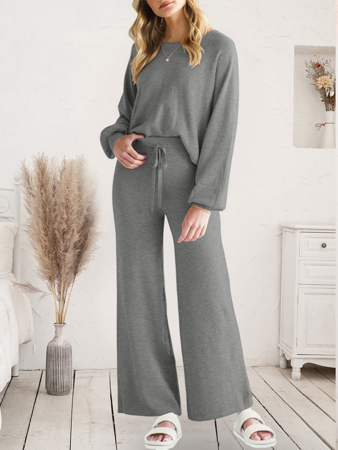 Long Sleeve Lounge Top and Drawstring Pants Set  Trendsi Dark Gray S 