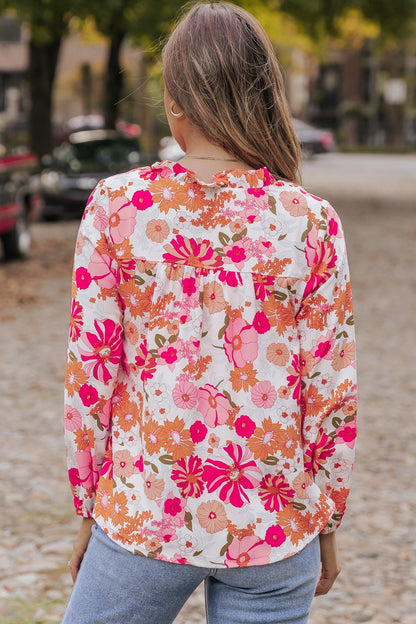 Floral V-Neck Frill Long Sleeve Blouse Blouse Trendsi   