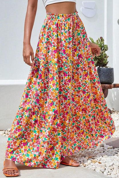 Printed Elastic Waist Maxi Skirt