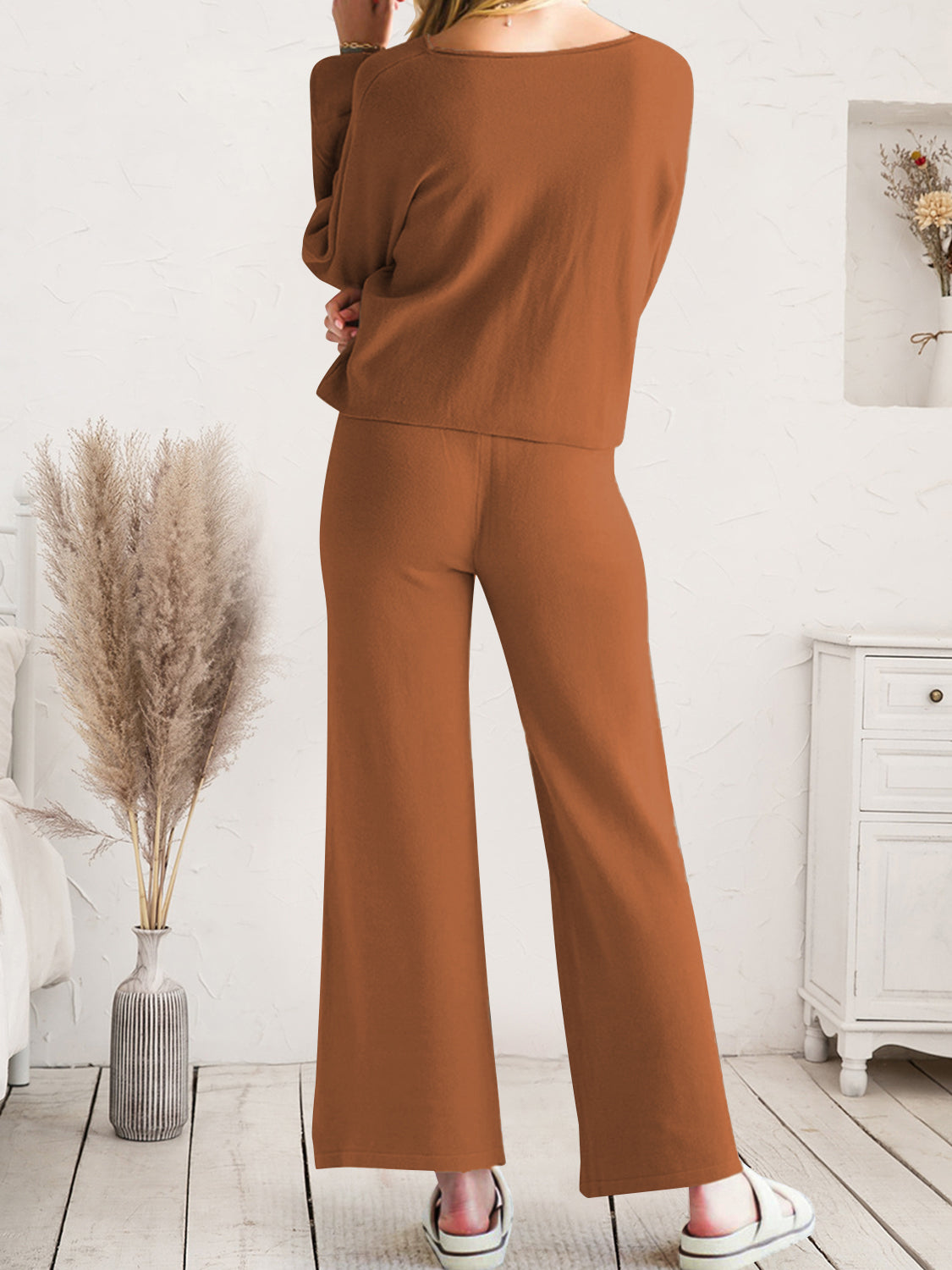 Long Sleeve Lounge Top and Drawstring Pants Set  Trendsi   