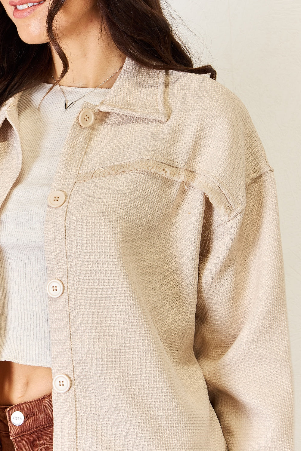 HYFVE Texture Button Down Fray Detail Shacket  Trendsi   