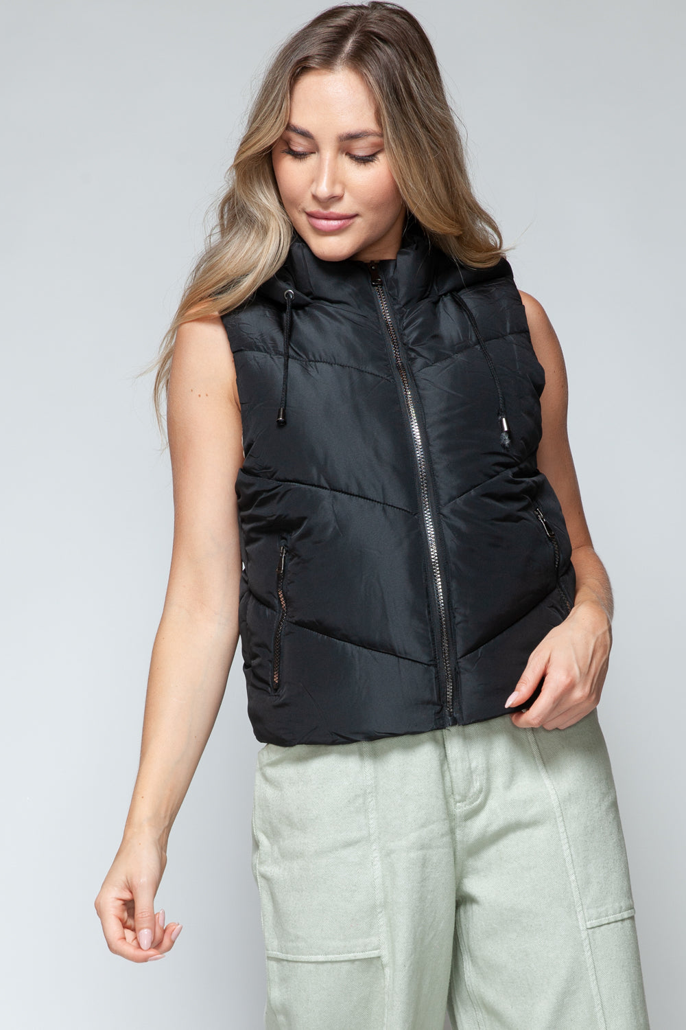 Snobbish Zip Up Quilted Hooded Vest  Trendsi   