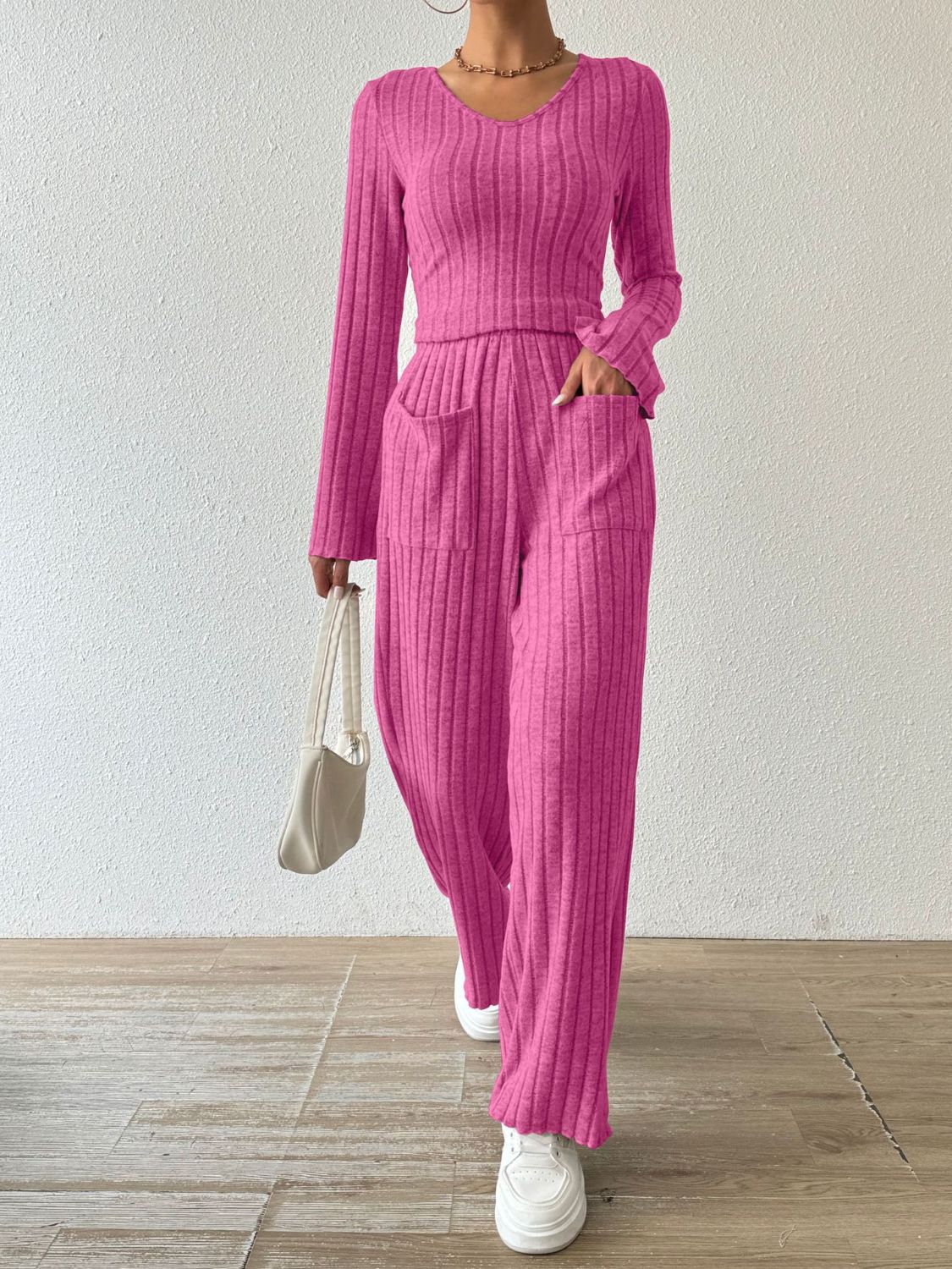 Ribbed V-Neck Long Sleeve Top and Pocketed Pants Set  Trendsi Hot Pink S 