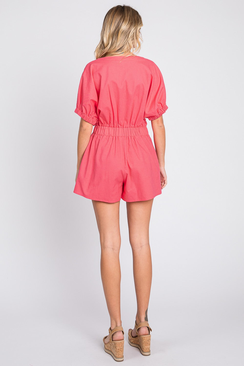 GeeGee Half Button V-Neck Linen Romper  Trendsi   