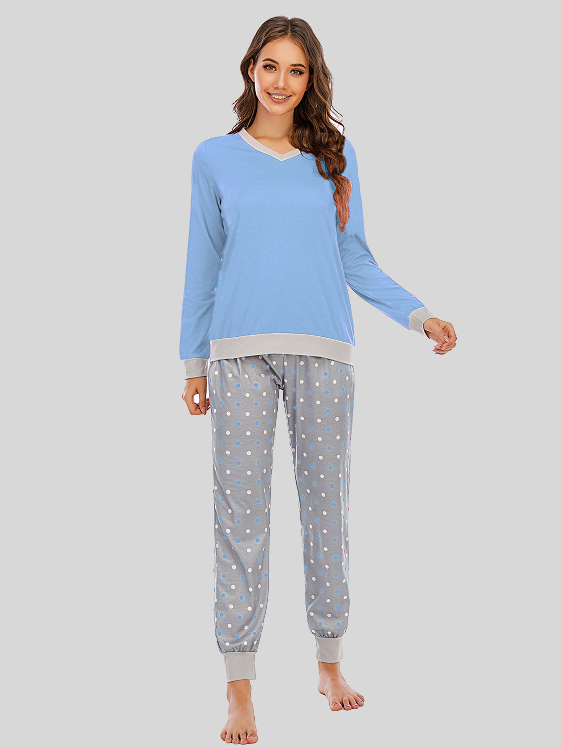 Long Sleeve Top and Polka Dot Pants Set  Trendsi Pastel  Blue S 