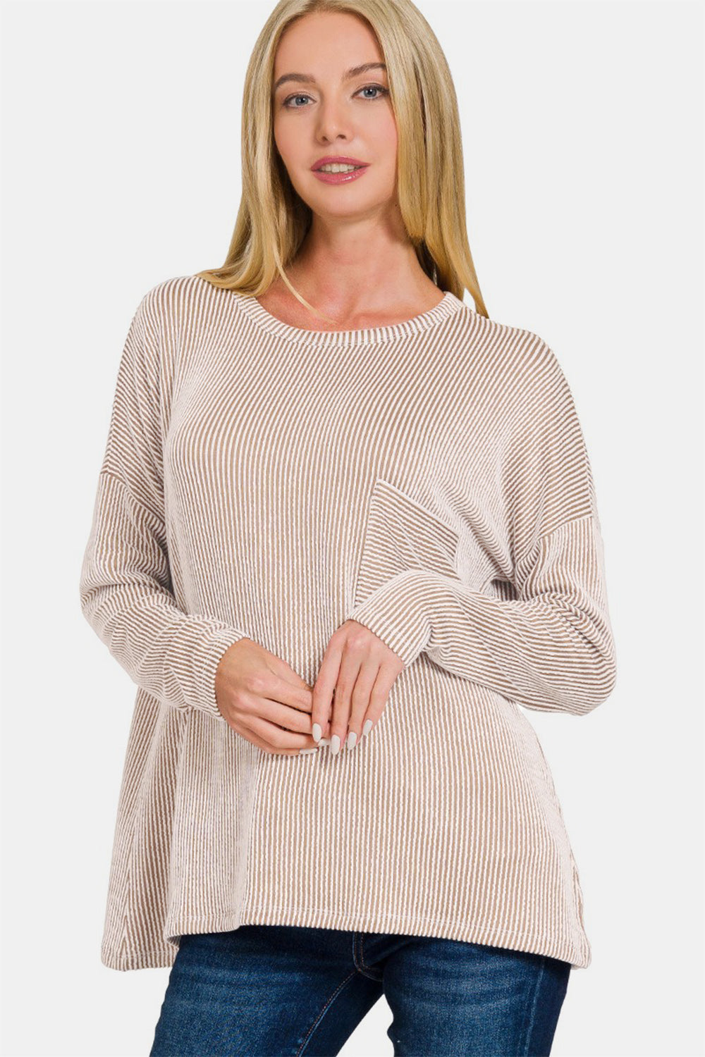 Zenana Ribbed Striped Long Sleeve T-Shirt  Trendsi Ash Mocha S/M 