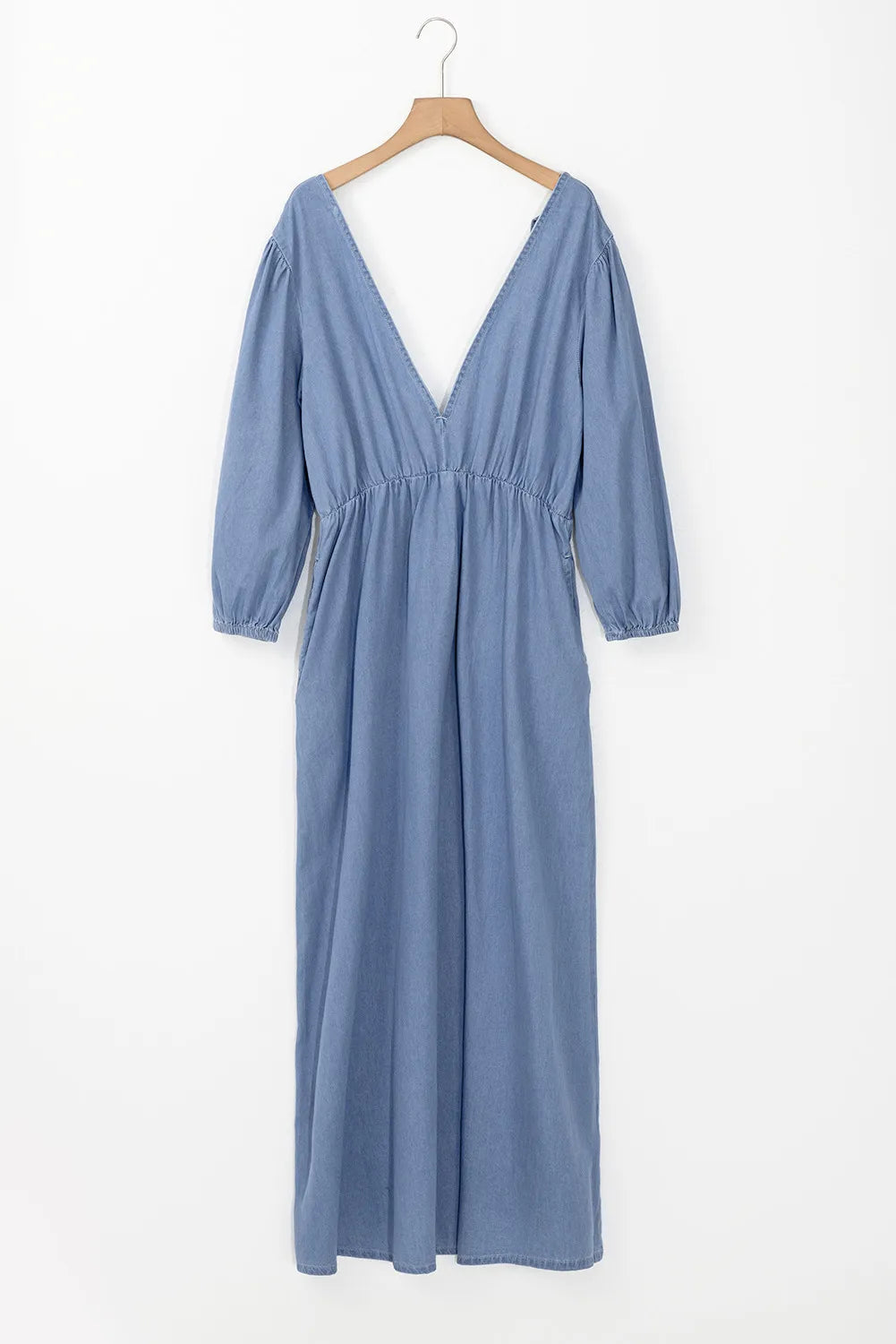 Tied Plunge Three-Quarter Sleeve Denim Dress  Trendsi   