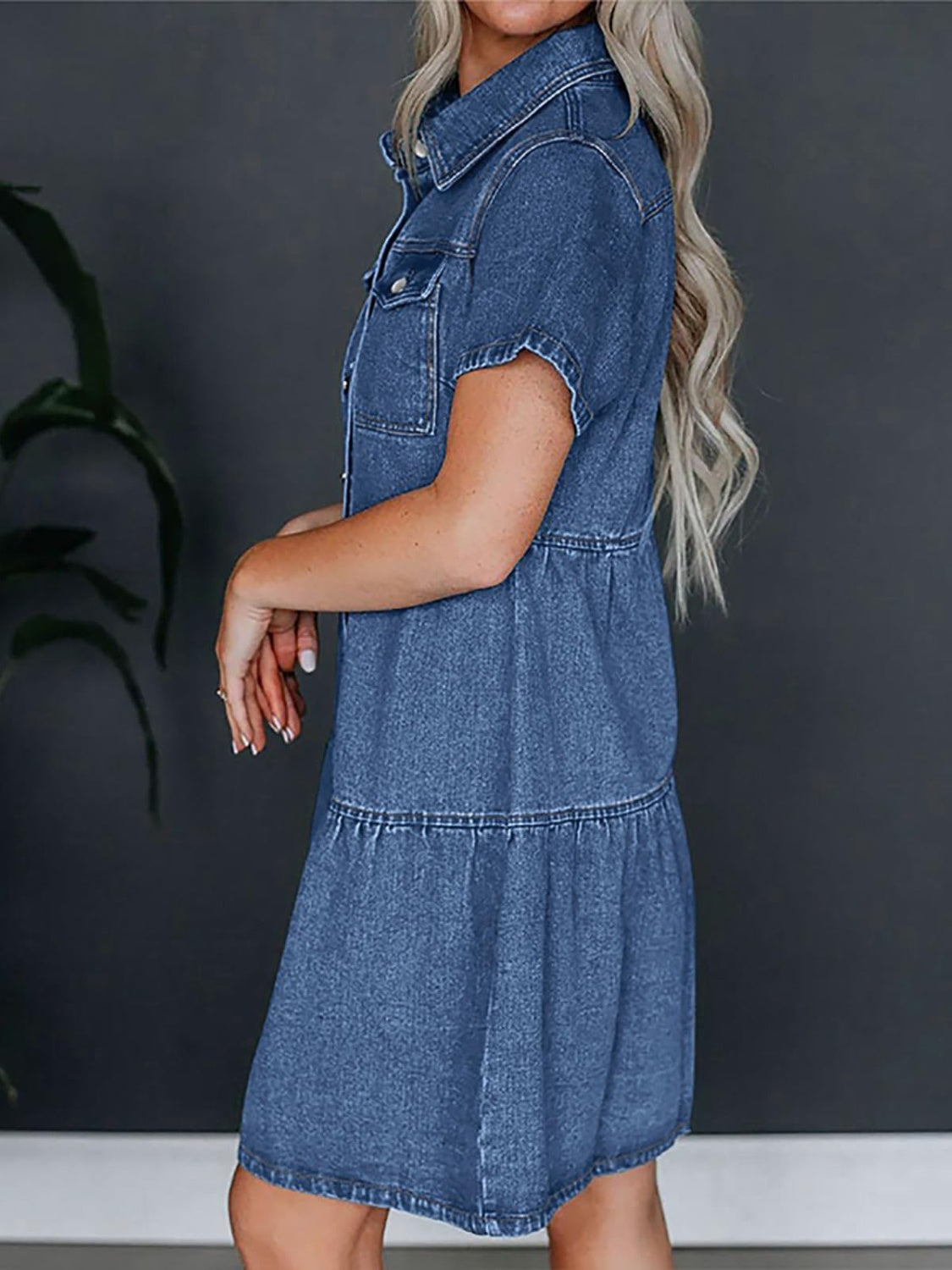 Pocketed Button Up Collared Neck Short Sleeve Denim Dress Dress Trendsi   