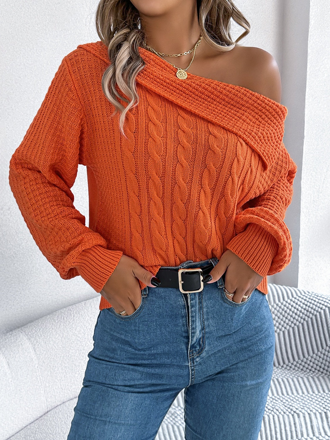 Cable-Knit One Shoulder Long Sleeve Sweater  Trendsi   