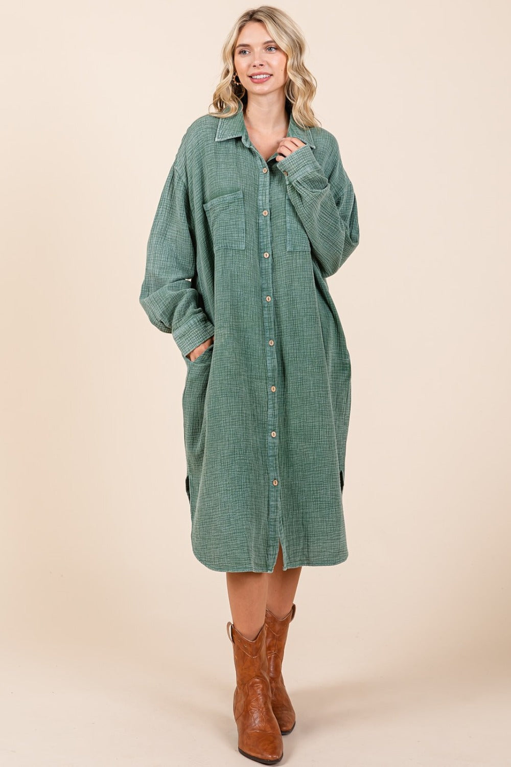 Mittoshop Mineral Wash Cotton Gauze Midi Shirt Dress  Trendsi   