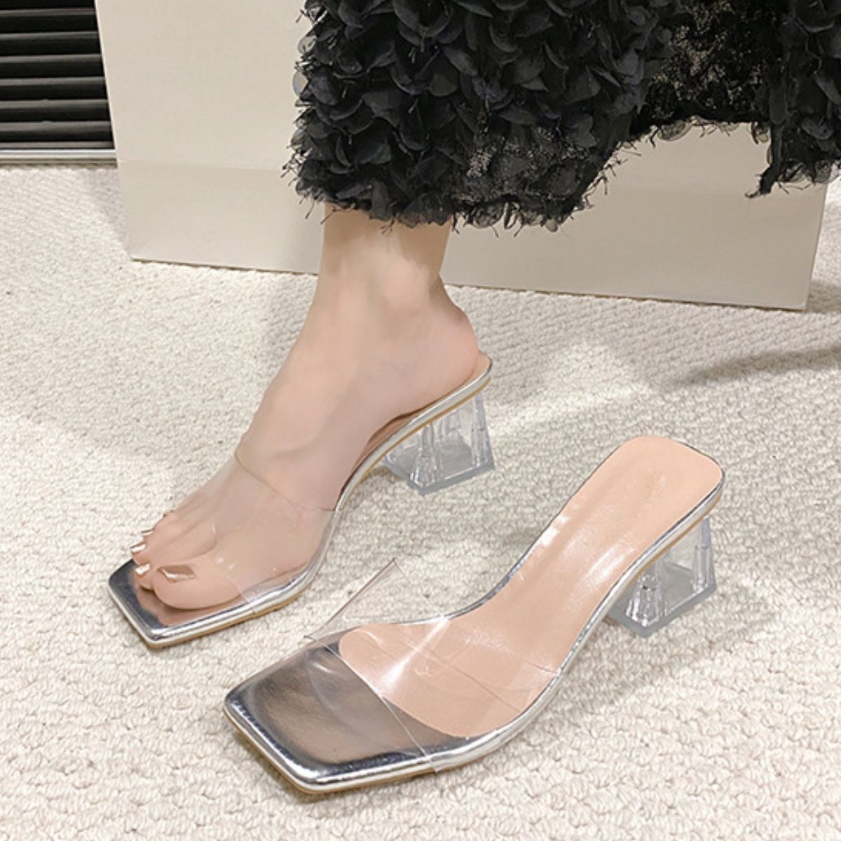 Open Toe Block Heel Sandals  Trendsi Silver 35(US4) 