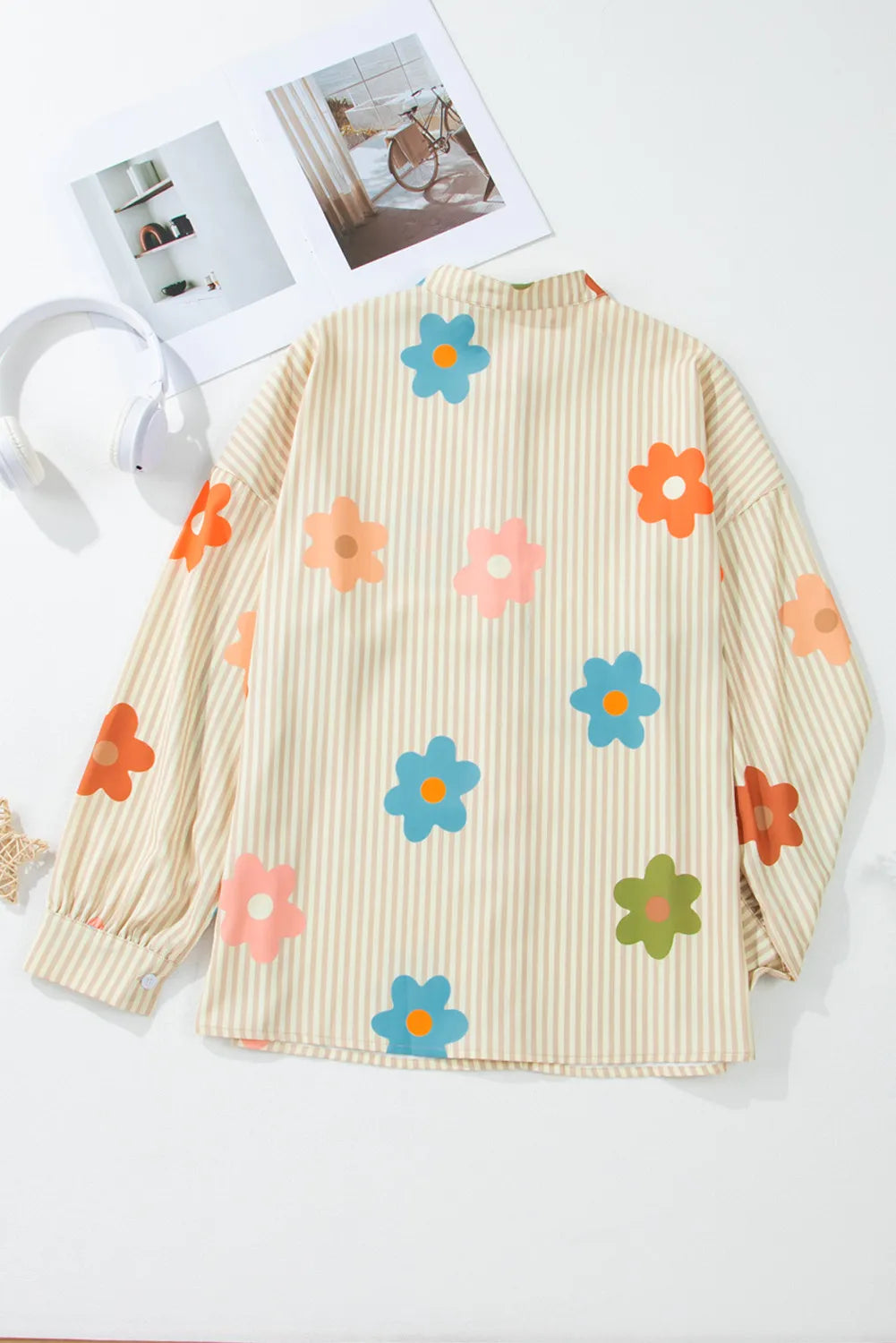 Striped Flower Button Up Long Sleeve Shirt Blouse Trendsi   