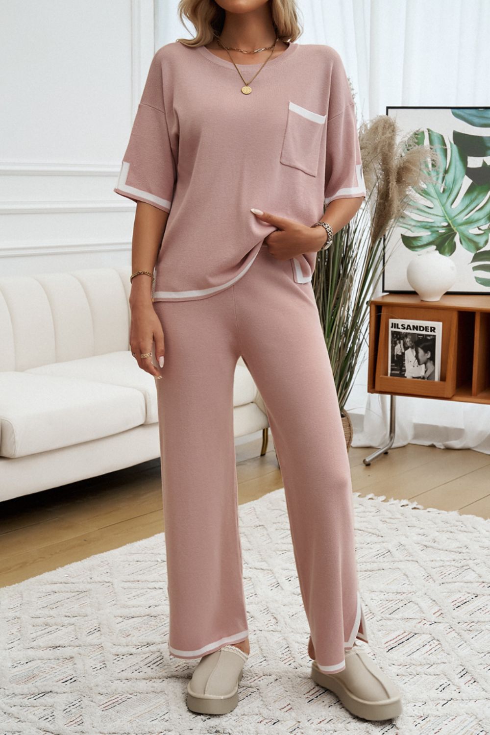 Devine Contrast Trim Half Sleeve Top and Pants Set  Trendsi   