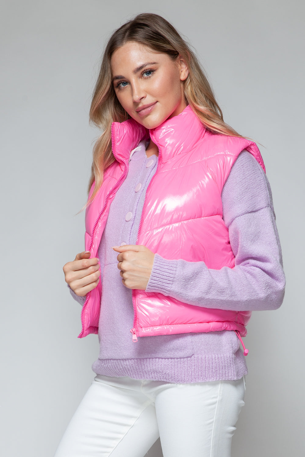 Snobbish Zip Up Turtleneck Shiny Quilted Vest  Trendsi   