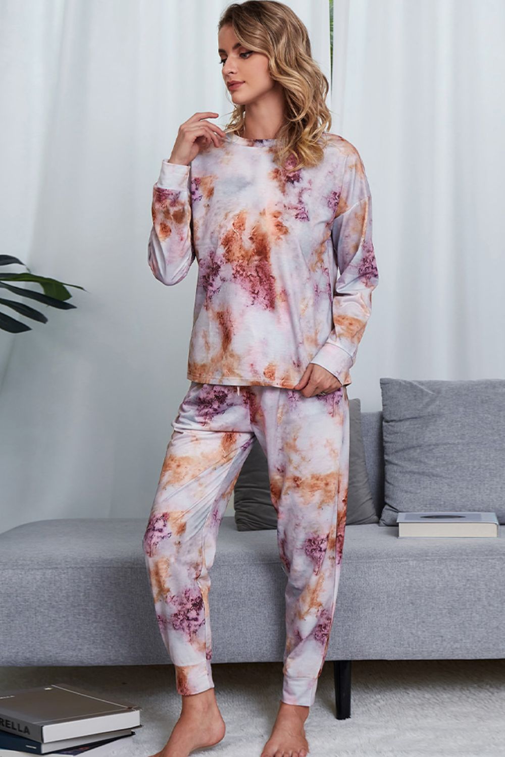 Shiny Tie-Dye Crewneck Top and Drawstring Waist Joggers Lounge Set