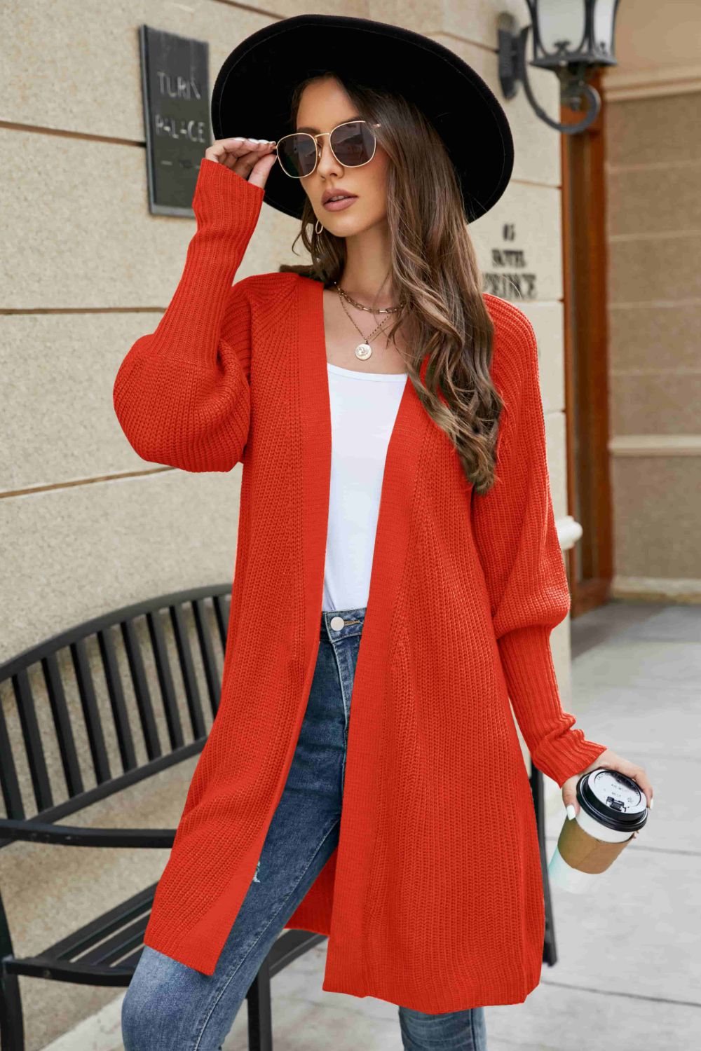 Open Front Lantern Sleeve Cardigan  Trendsi Orange-Red S 