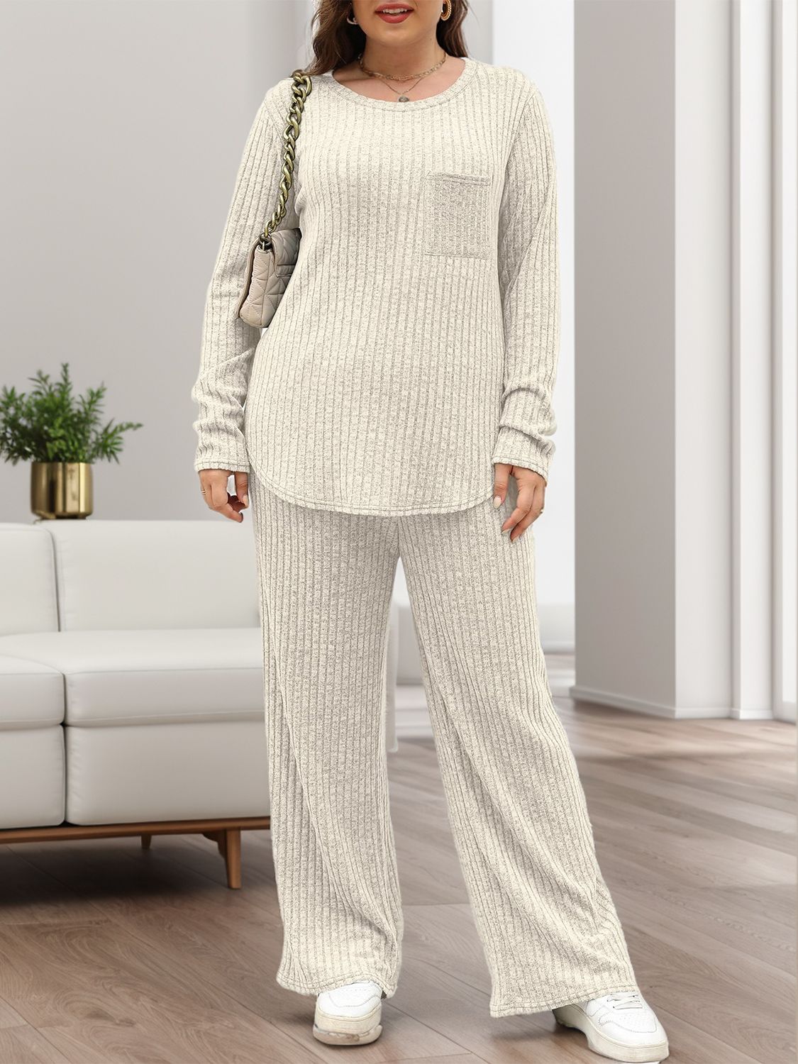 Round Neck Long Sleeve Top and Pants Set  Trendsi Ivory S 