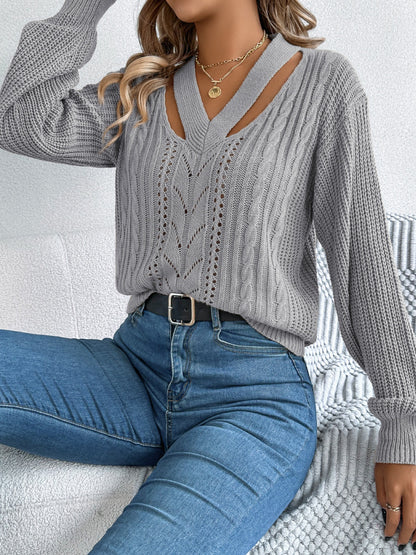 Cutout V-Neck Long Sleeve Sweater  Trendsi   