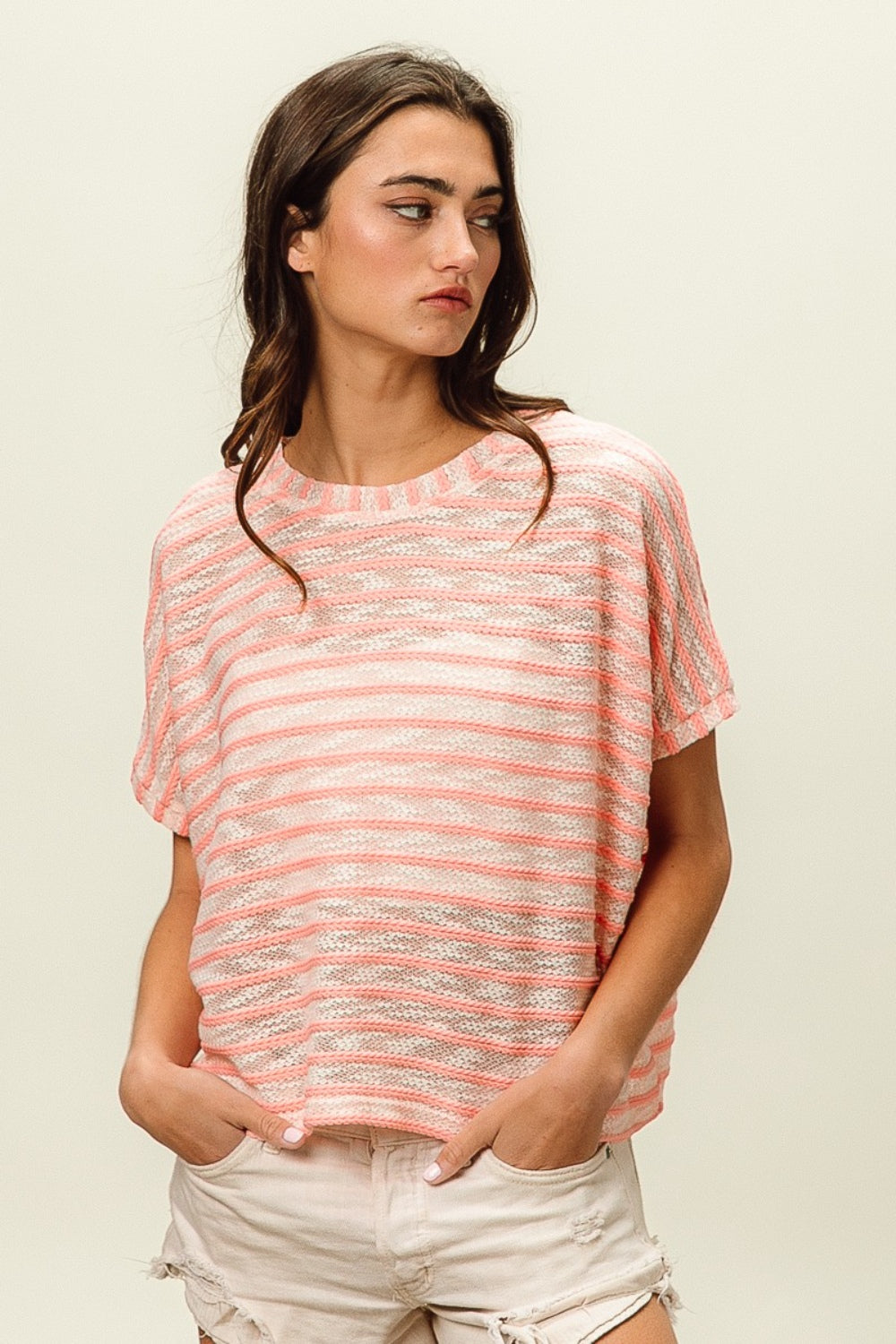 BiBi Braid Striped Short Sleeve Round Neck T-Shirt  Trendsi   