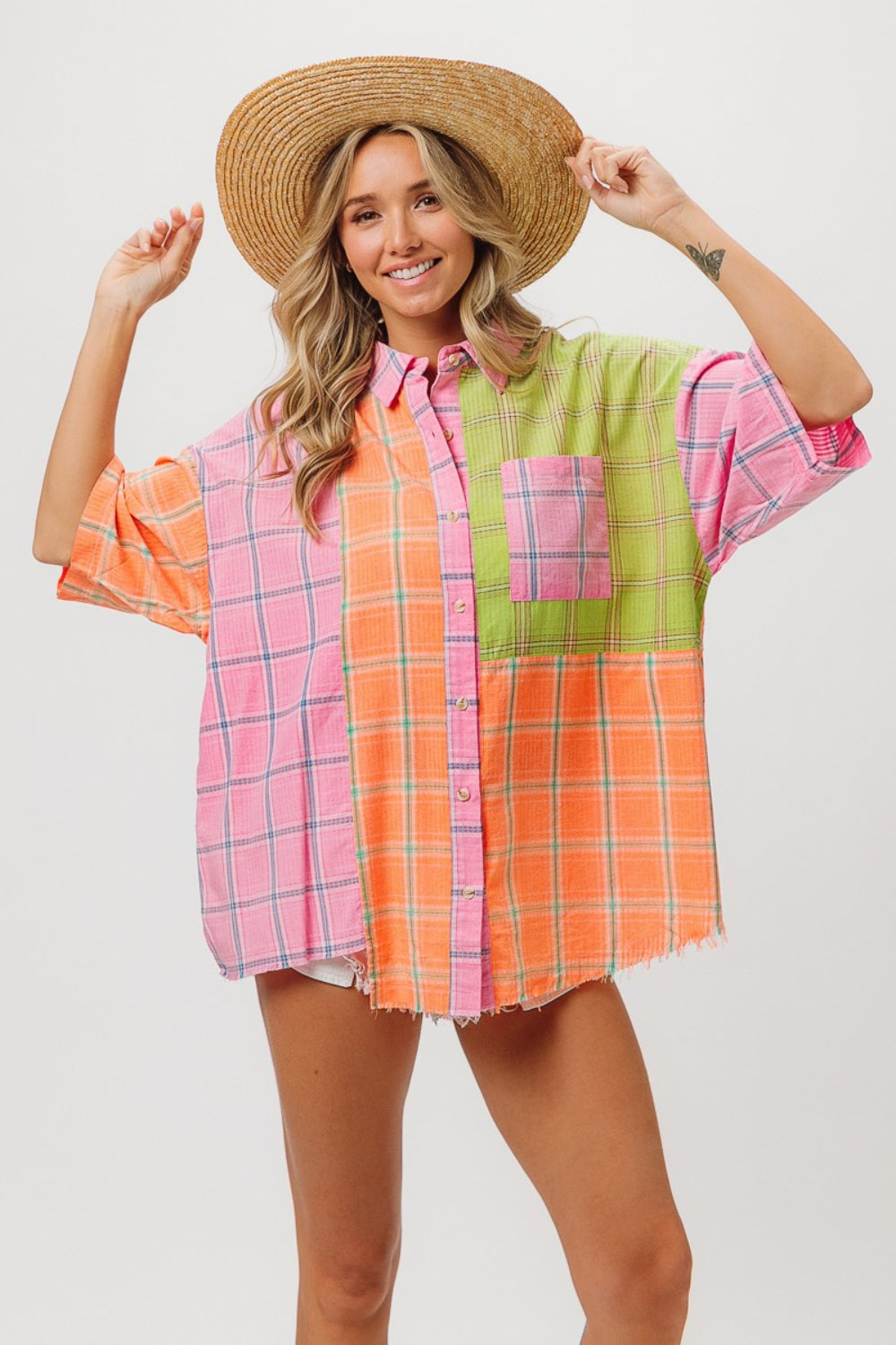 BiBi Plaid Collared Neck Half Sleeve Shirt  Trendsi Pink/Peach/Lime S 