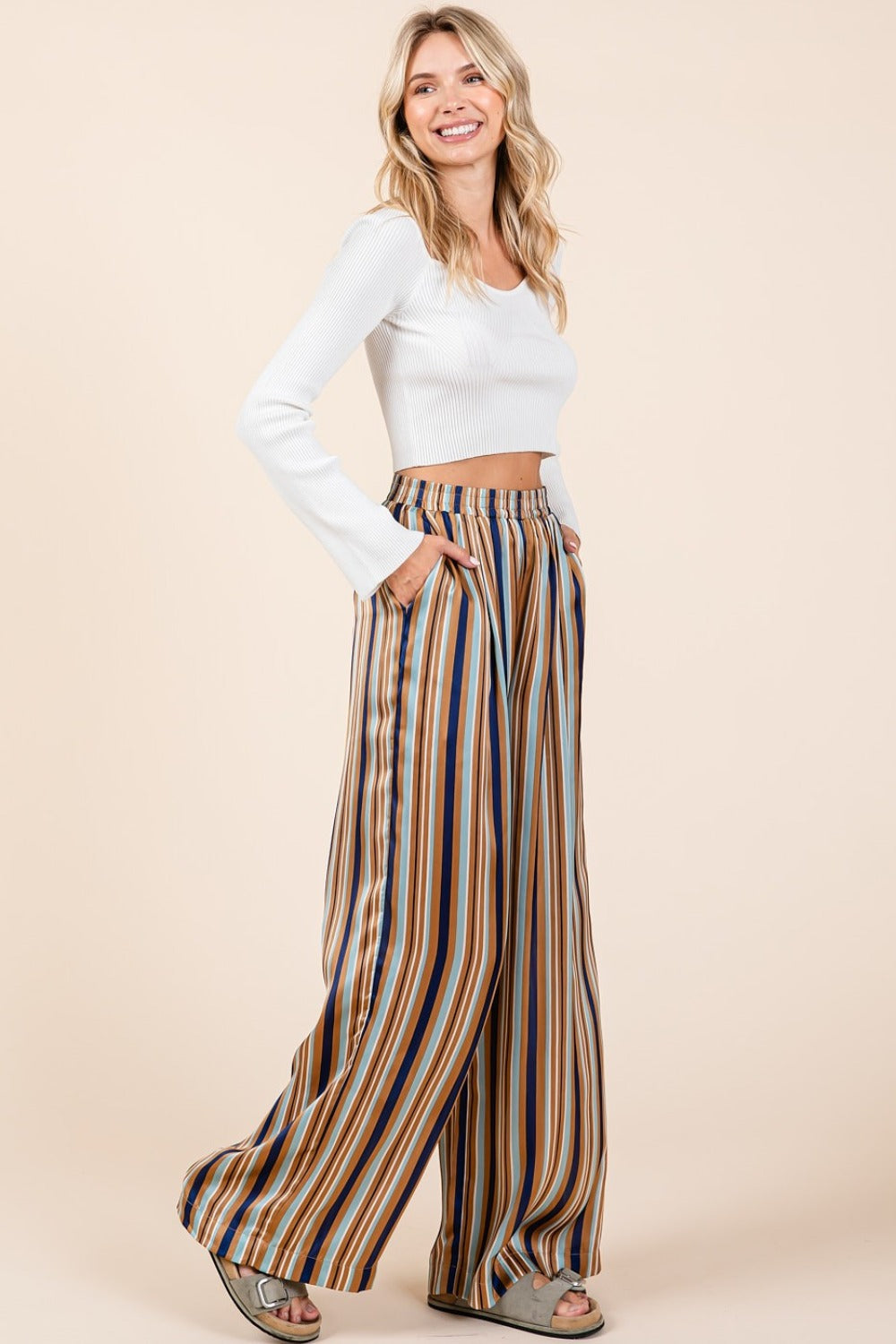 Mittoshop Striped Satin Elastic Waist Wide Leg Pants  Trendsi   