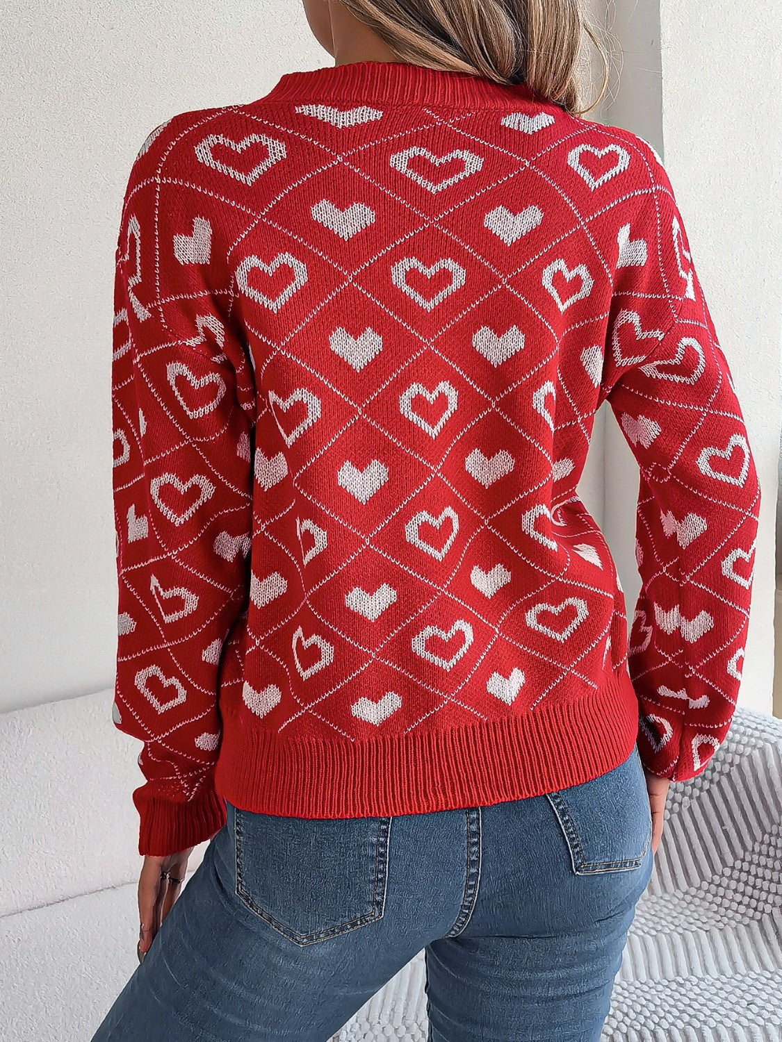 Heart Pattern V-Neck Long Sleeve Sweater  Trendsi   