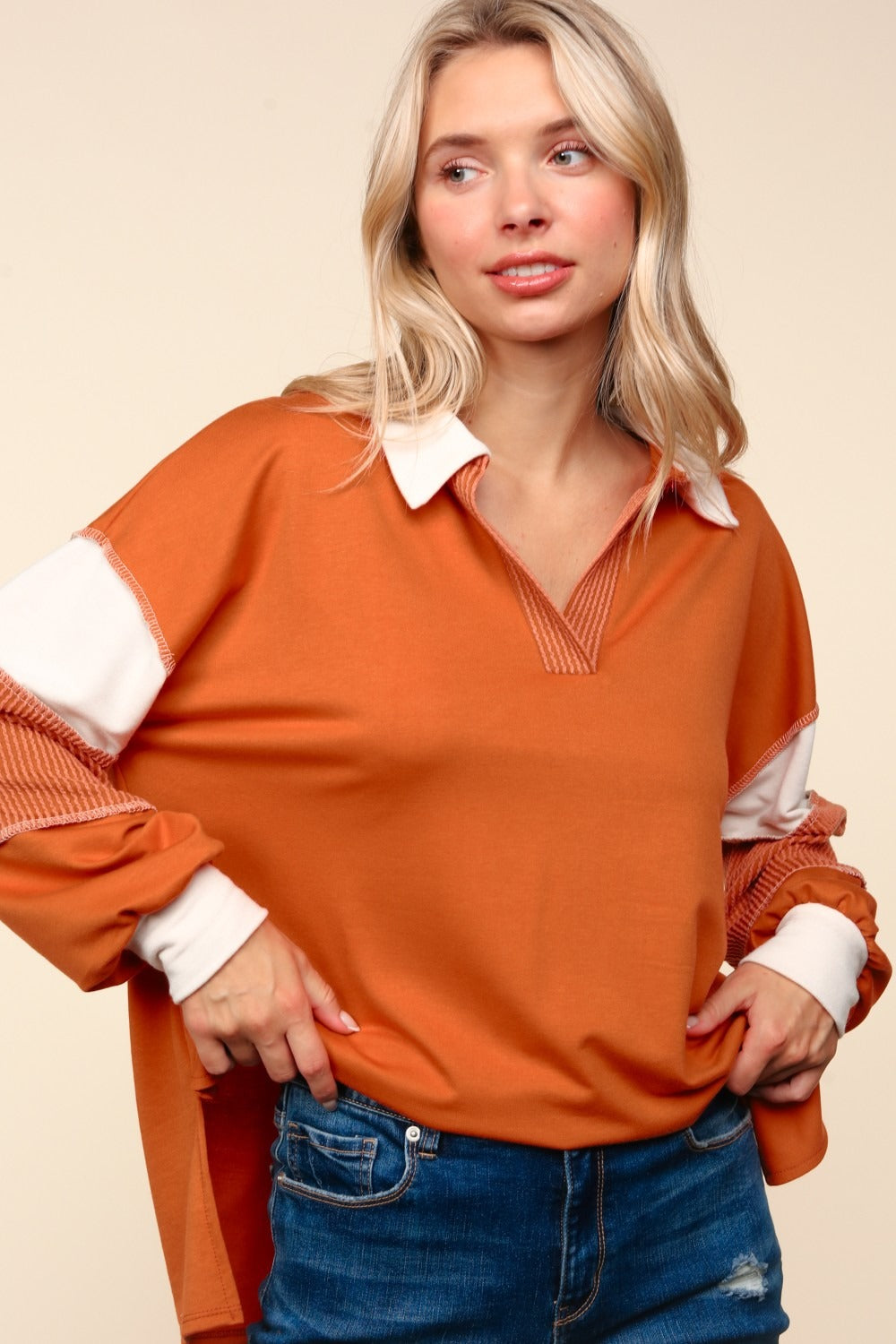 Haptics Color Block Exposed Seam Long Sleeve Top  Trendsi   