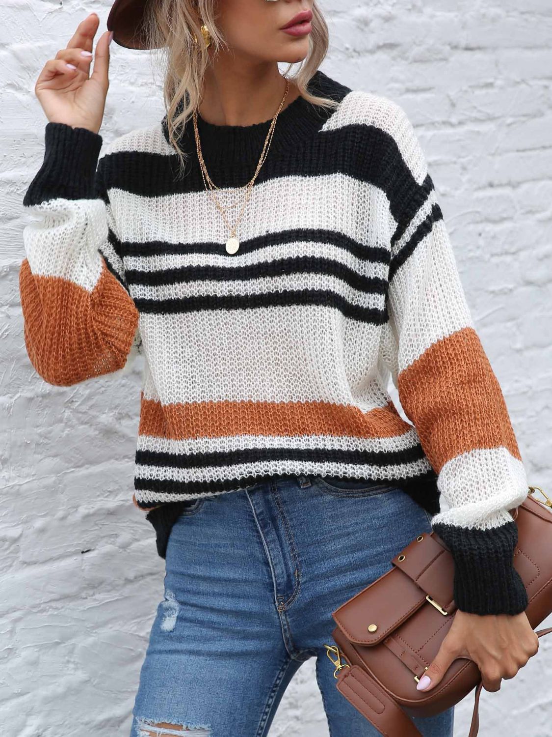 Contrast Striped Round Neck Long Sleeve Sweater  Trendsi   