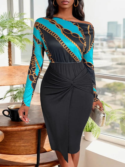 Perfee Twisted Printed Long Sleeve Dress Dress Trendsi Black S 