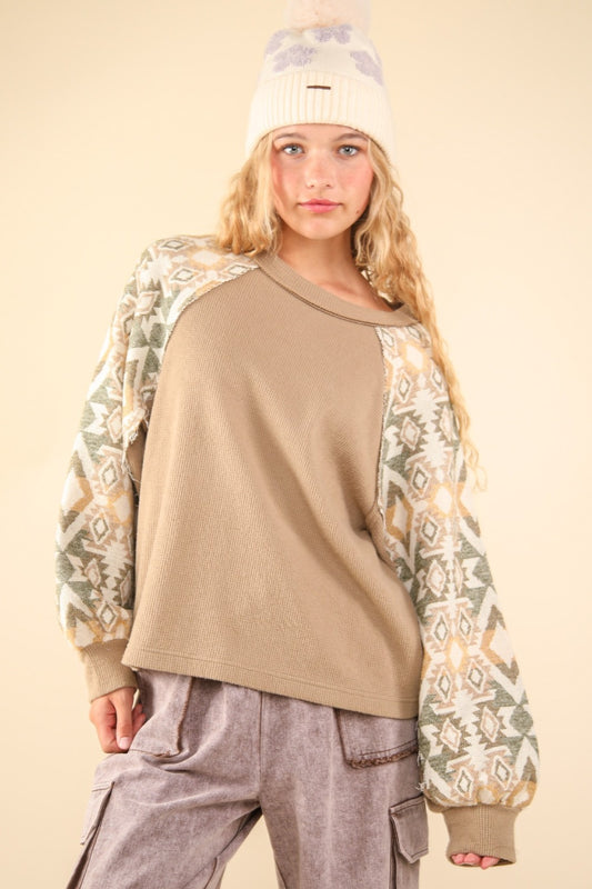 VERY J Printed Long Sleeve Round Neck Knit Top Luxe Trendsi Taupe S 