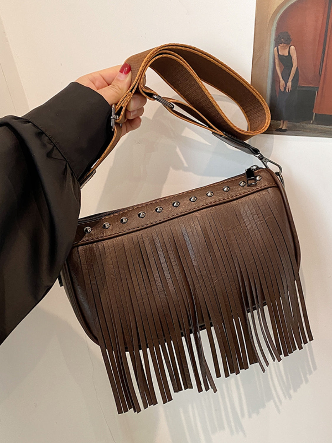 PU Leather Fringe Studded Crossbody Bag  Trendsi   