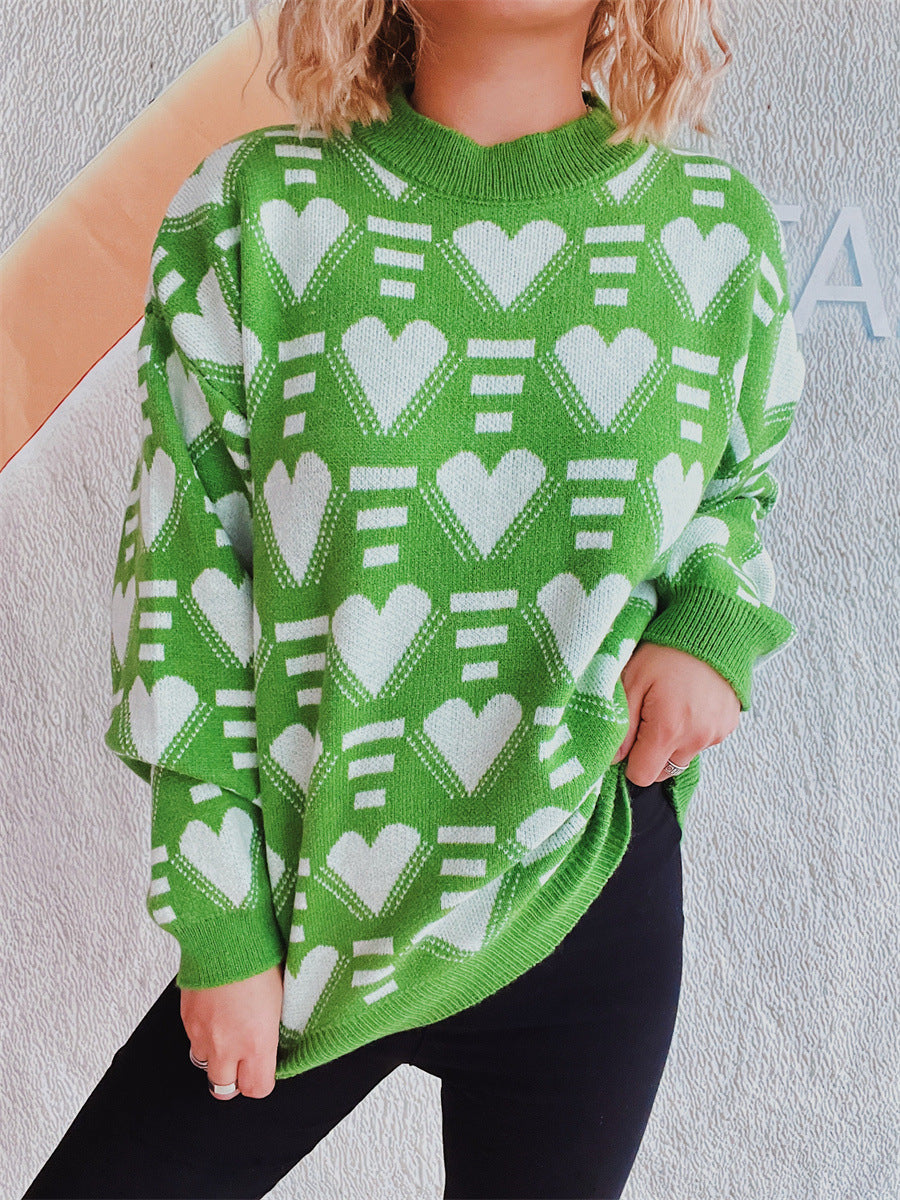 Heart Contrast Long Sleeve Dropped Shoulder Sweater  Trendsi   