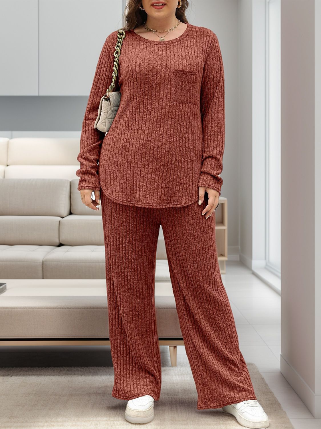 Round Neck Long Sleeve Top and Pants Set  Trendsi   