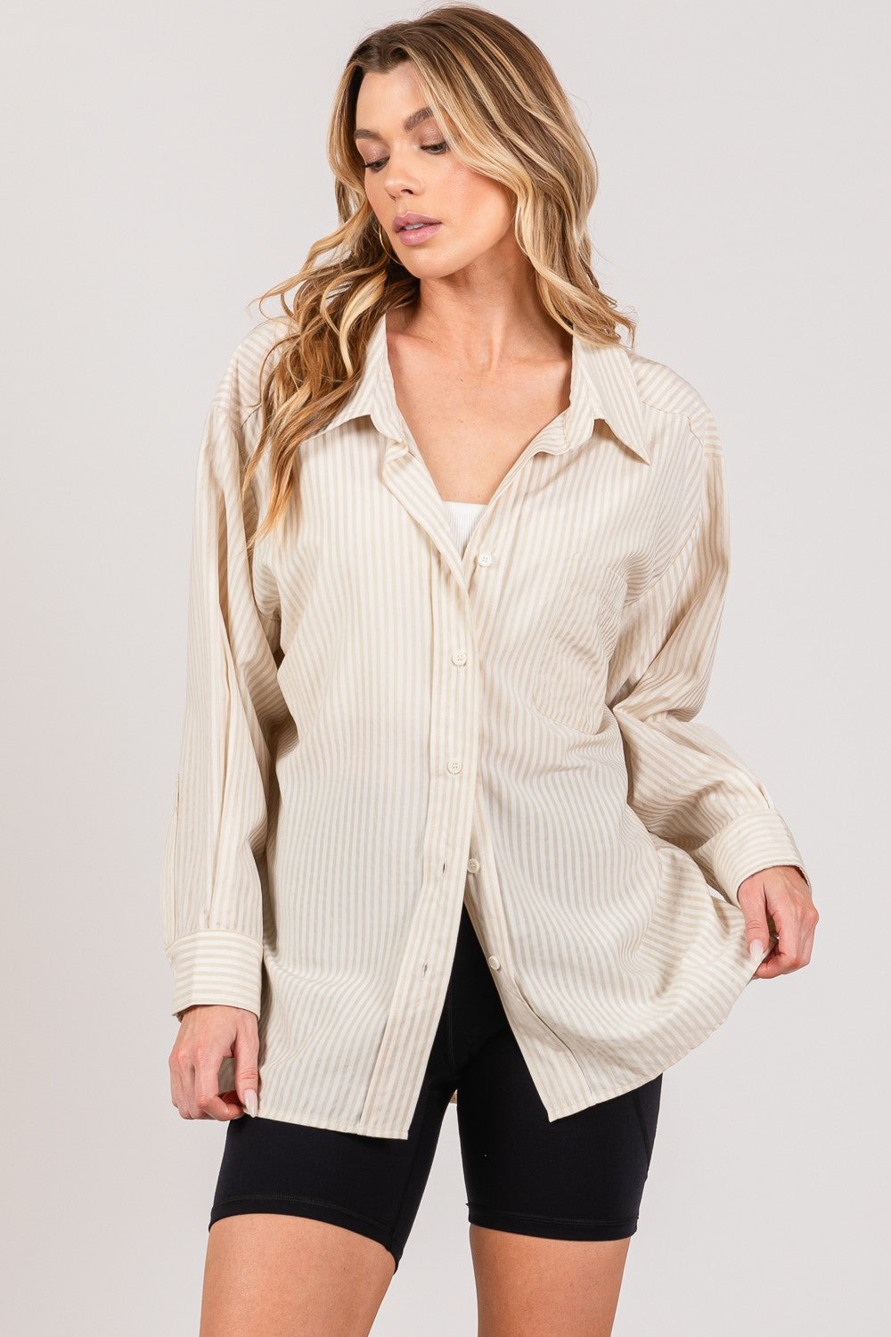 SAGE + FIG Striped Button Up Long Sleeve Shirt  Trendsi   