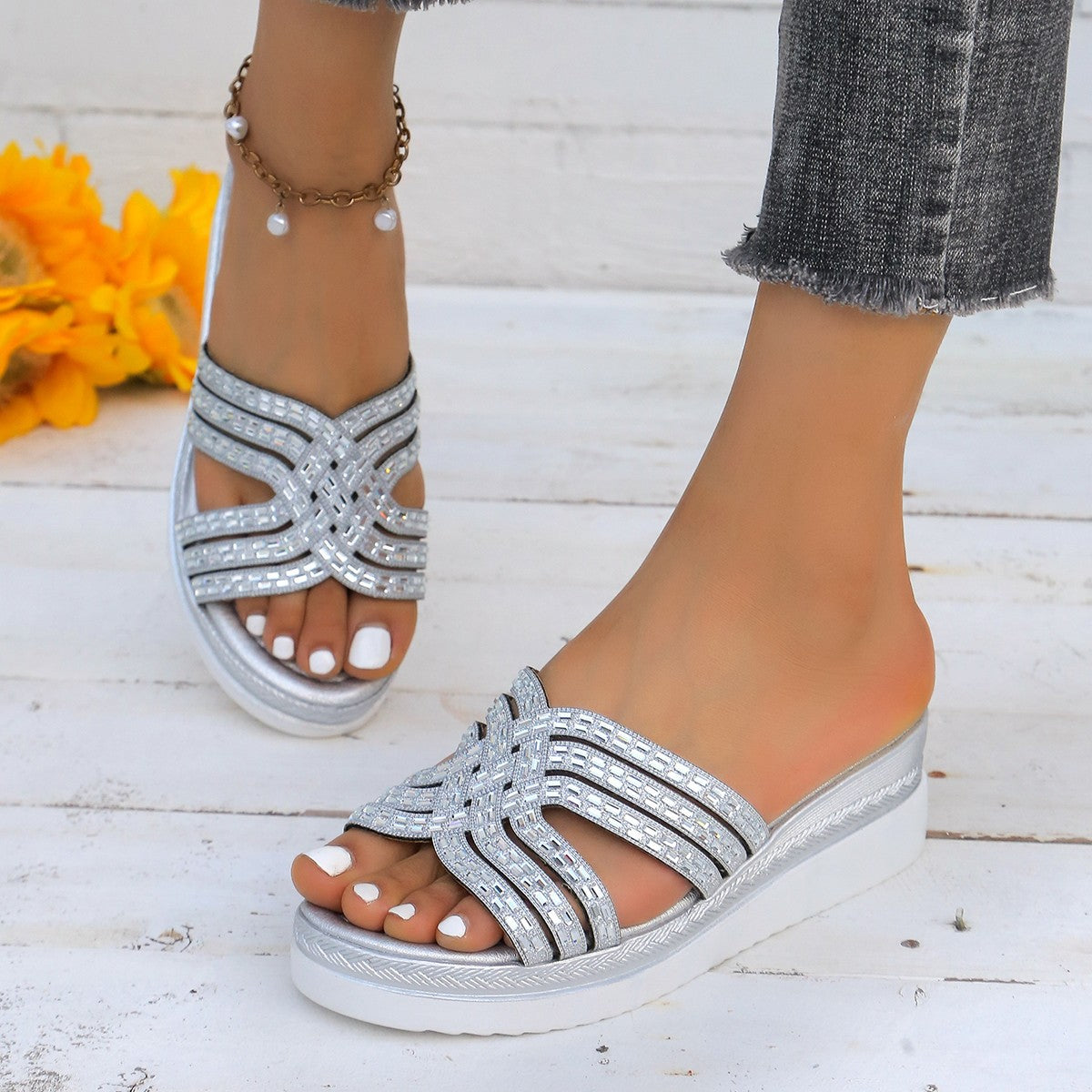 Rhinestone Open Toe Wedge Sandals  Trendsi Silver 36(US5) 