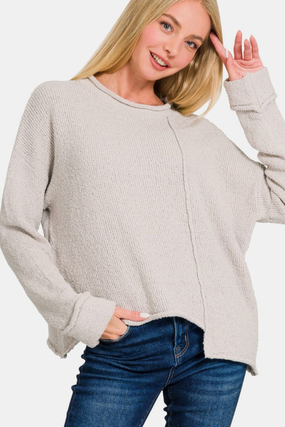 Zenana Asymmetric Hem Drop Shoulder Sweater  Trendsi Bone S 