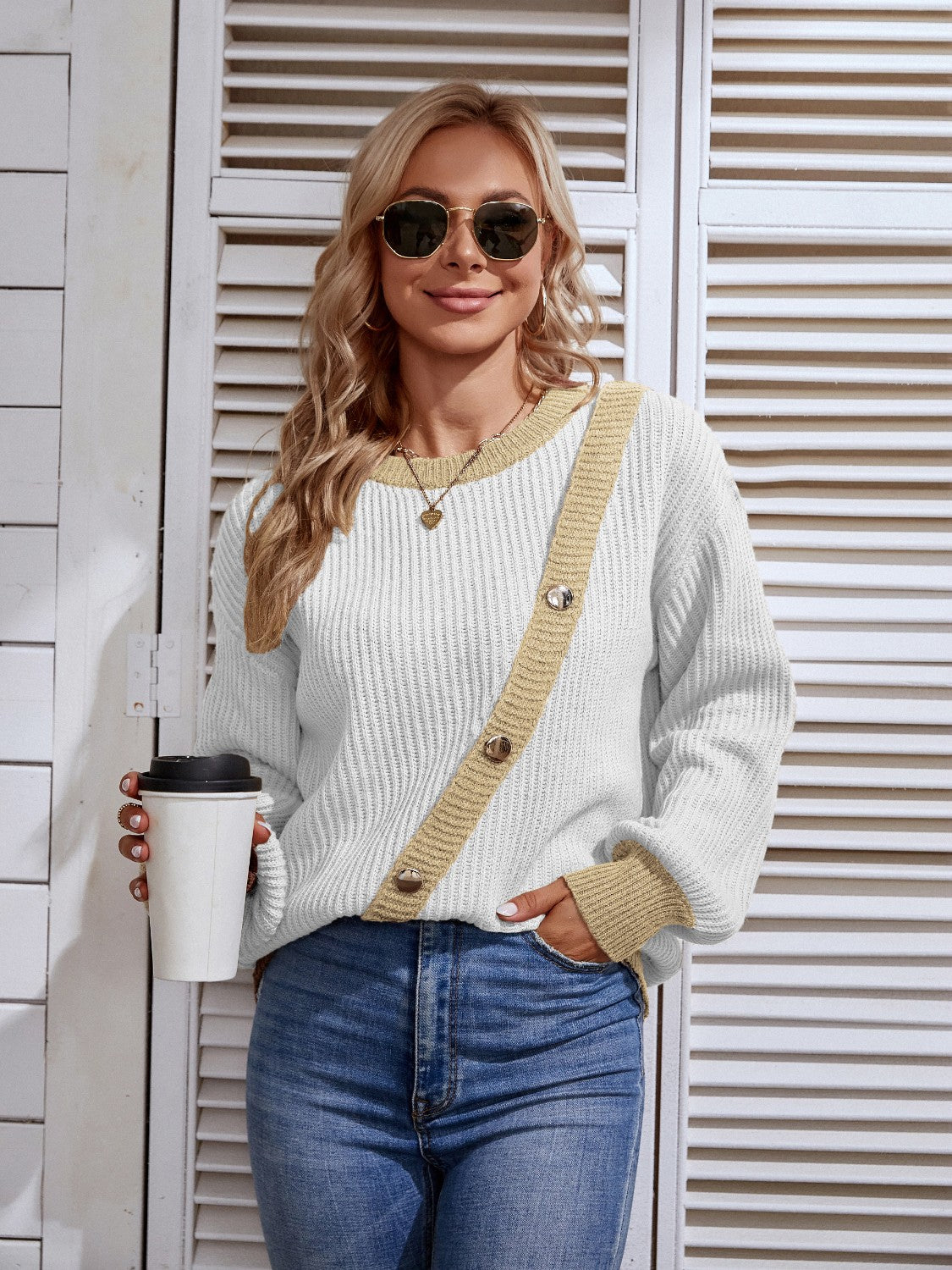 Decorative Button Round Neck Sweater  Trendsi   