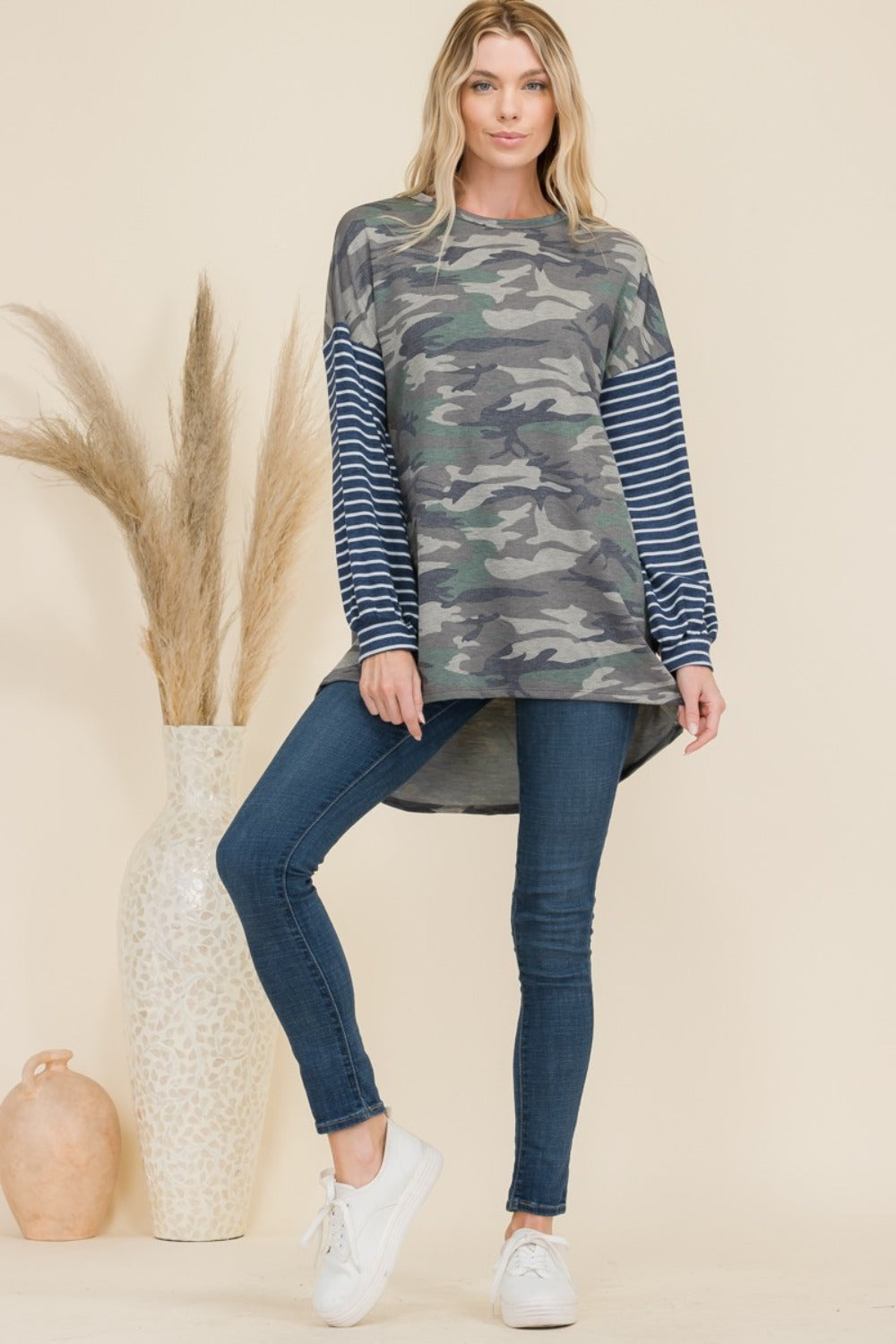 Celeste Full Size Camo Print High-Low T-Shirt with Stripe Sleeves  Trendsi   