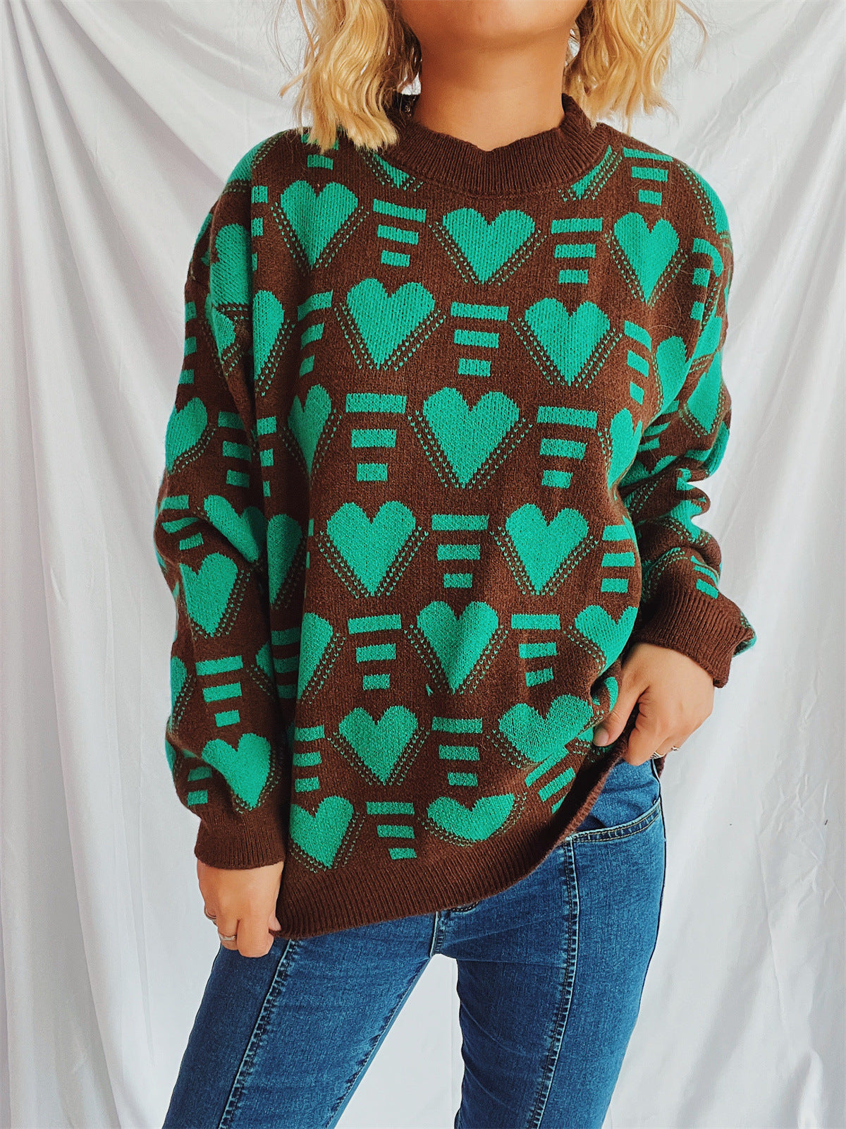 Heart Contrast Long Sleeve Dropped Shoulder Sweater  Trendsi   