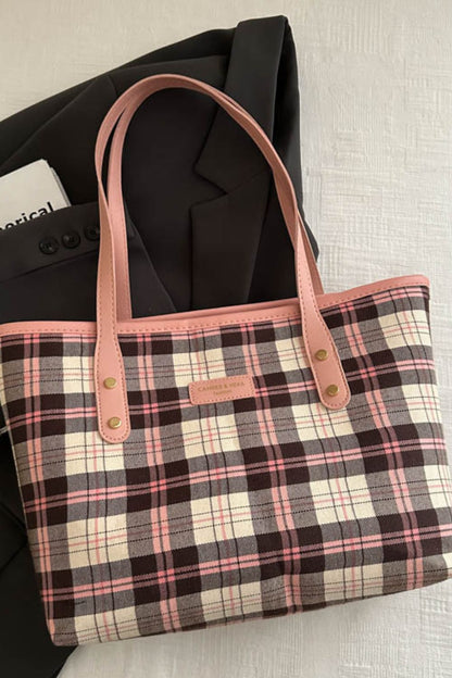 Plaid PU Leather Tote Bag  Trendsi Pink One Size 