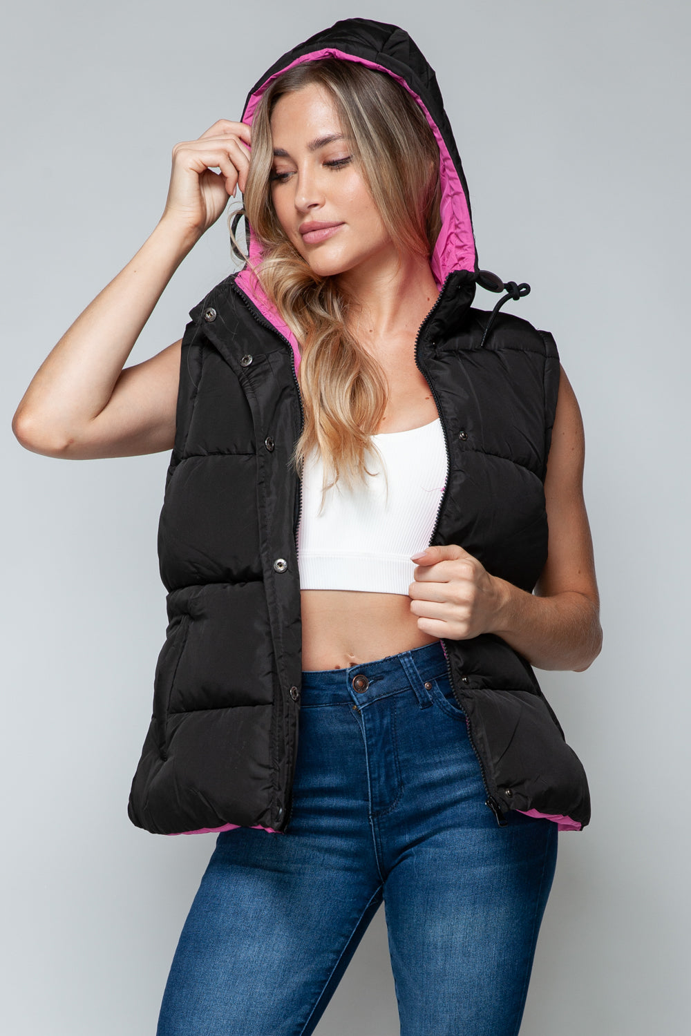 Snobbish Snap and Zip Closure Hooded Vest  Trendsi   