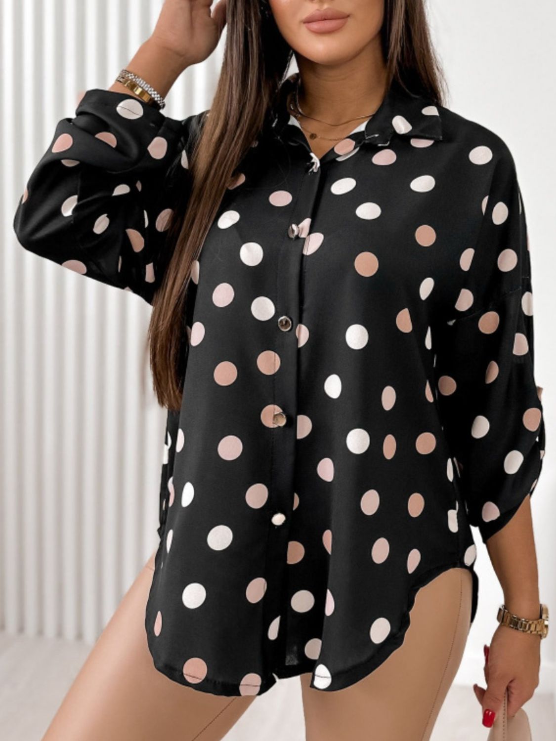 Printed Collared Neck Roll-Tab Sleeve Shirt  Trendsi   