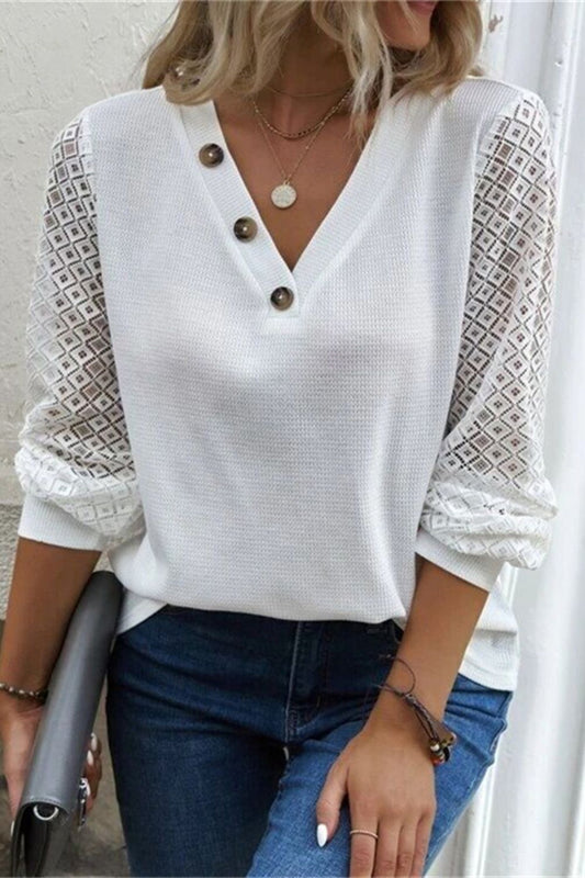 Decorative Button V-Neck Long Sleeve T-Shirt  Trendsi White S 