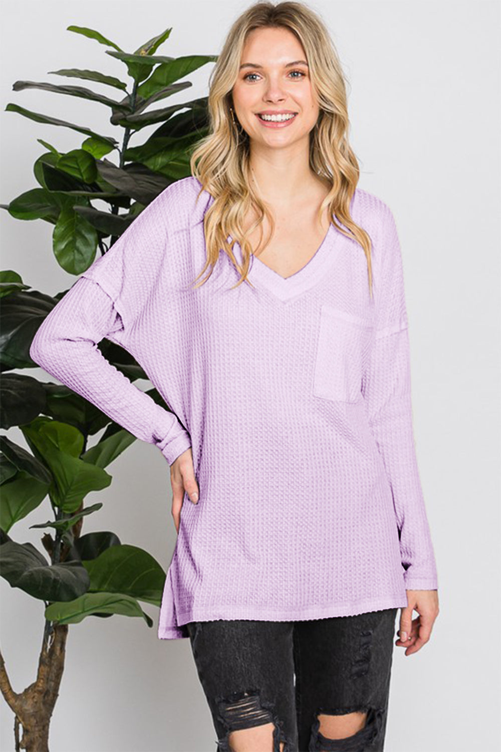 Reborn J Waffle Knit V-Neck Long Sleeve T-Shirt  Trendsi LILAC S 