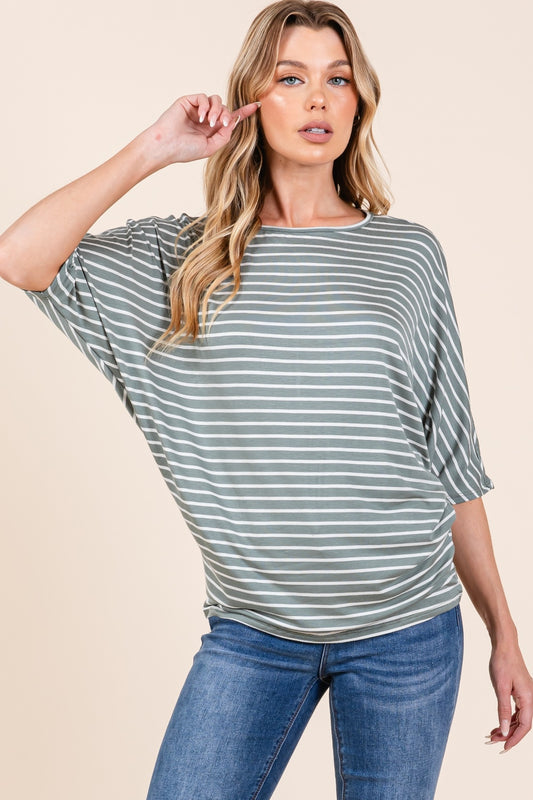 BOMBOM Striped Boat Neck Dolman Sleeve Top  Trendsi Dusty Olive S 